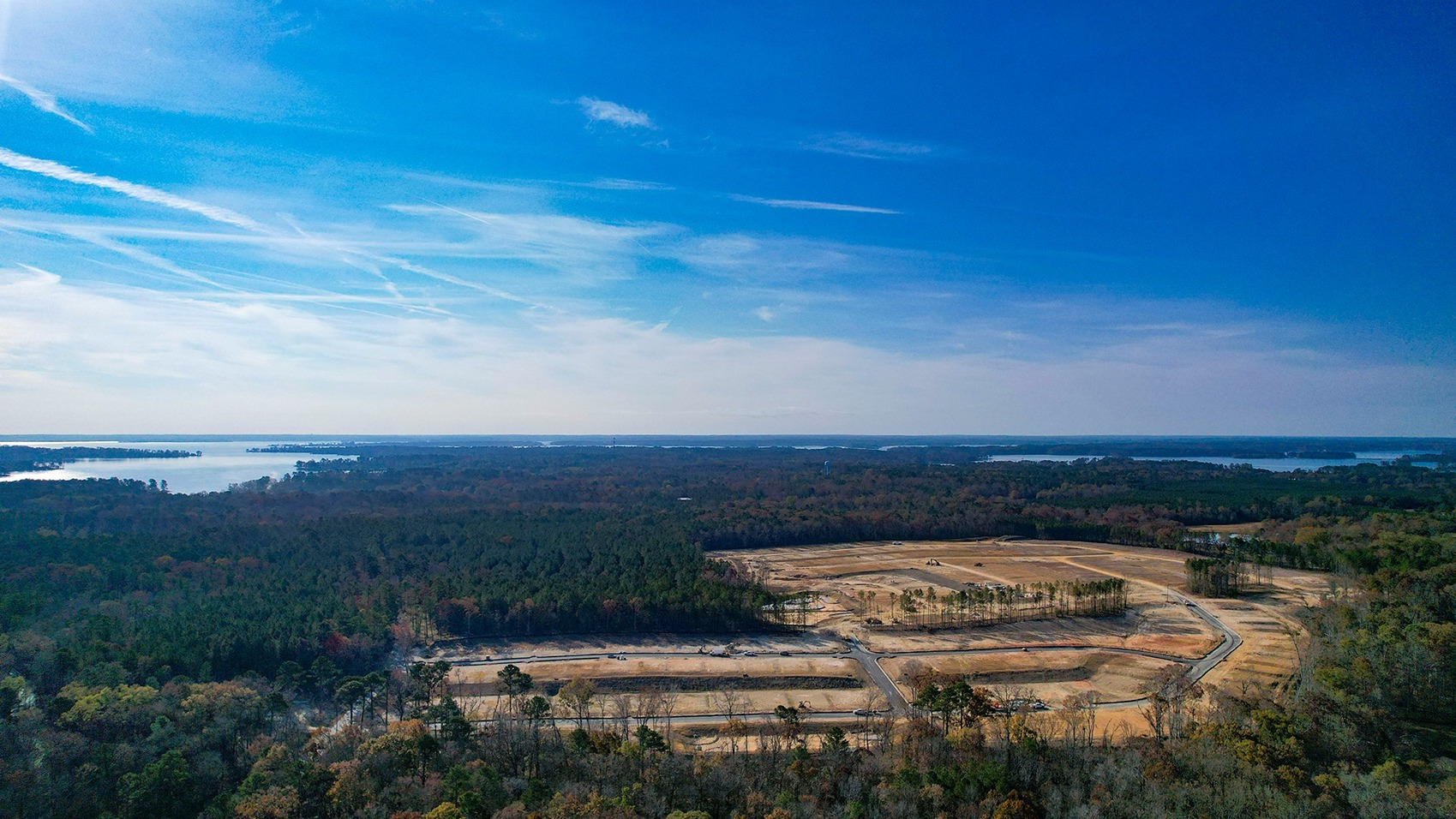 Aerial view of the coming soon community and Lake Murray