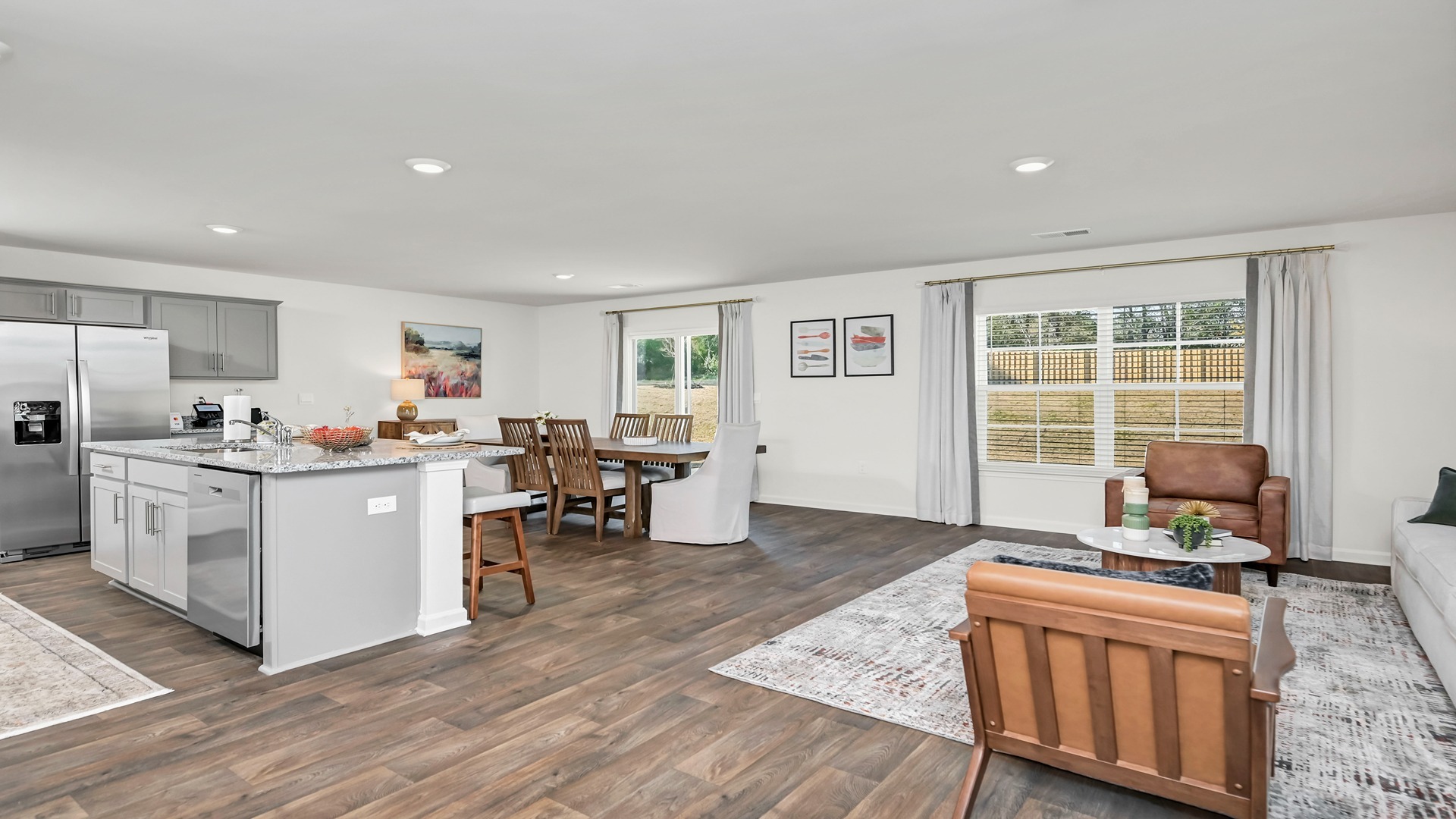 Open kitchen and dining areas