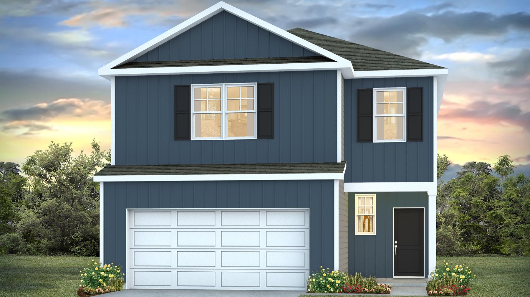 Two-story home for sale with blue vinyl siding and a 2-car garage