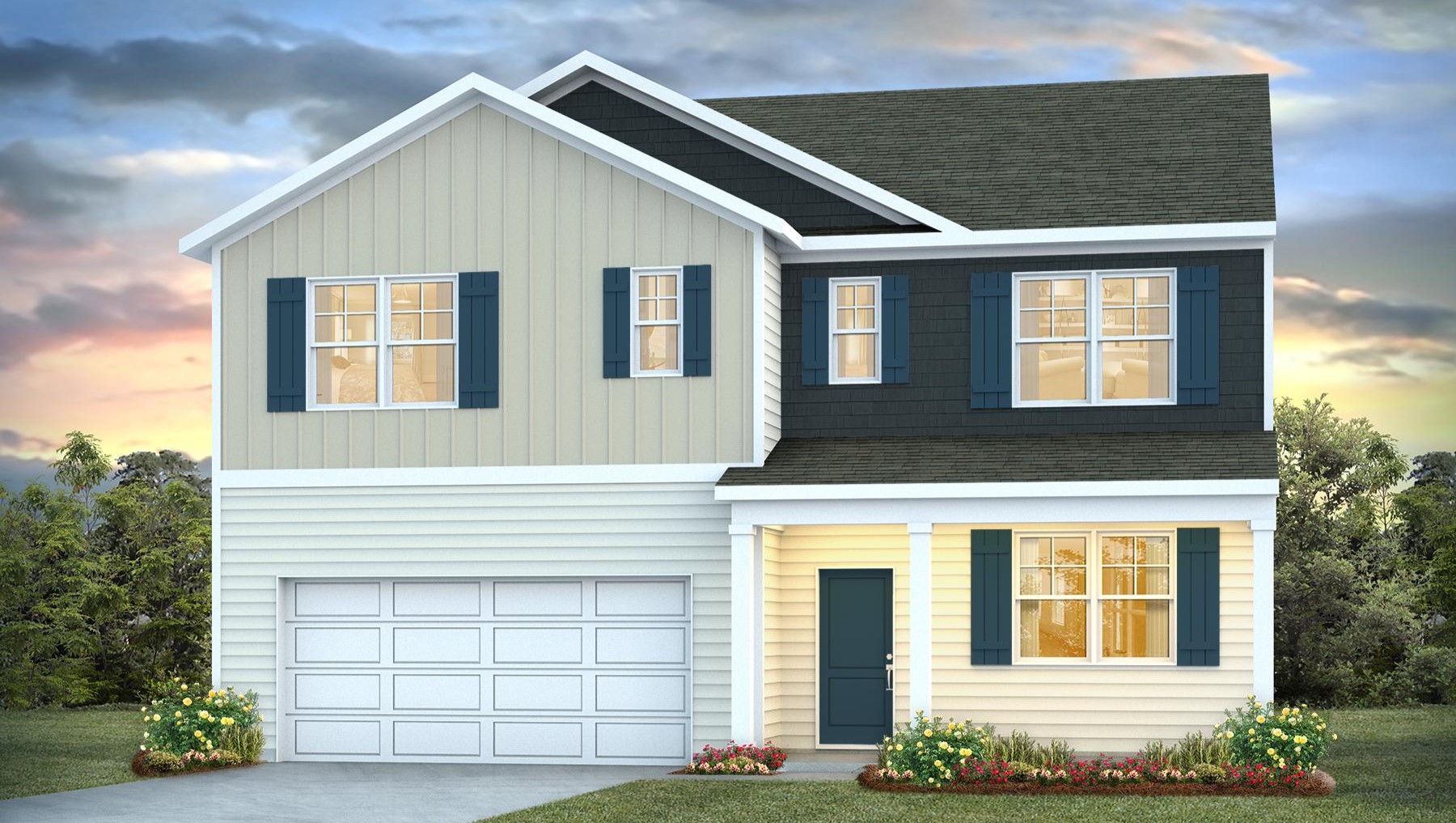 Two-story home with a covered front porch and 2-car garage with 5 bedrooms for sale in Lugoff, SC