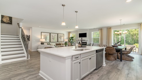 The kitchen island overlooks the dining and living areas.