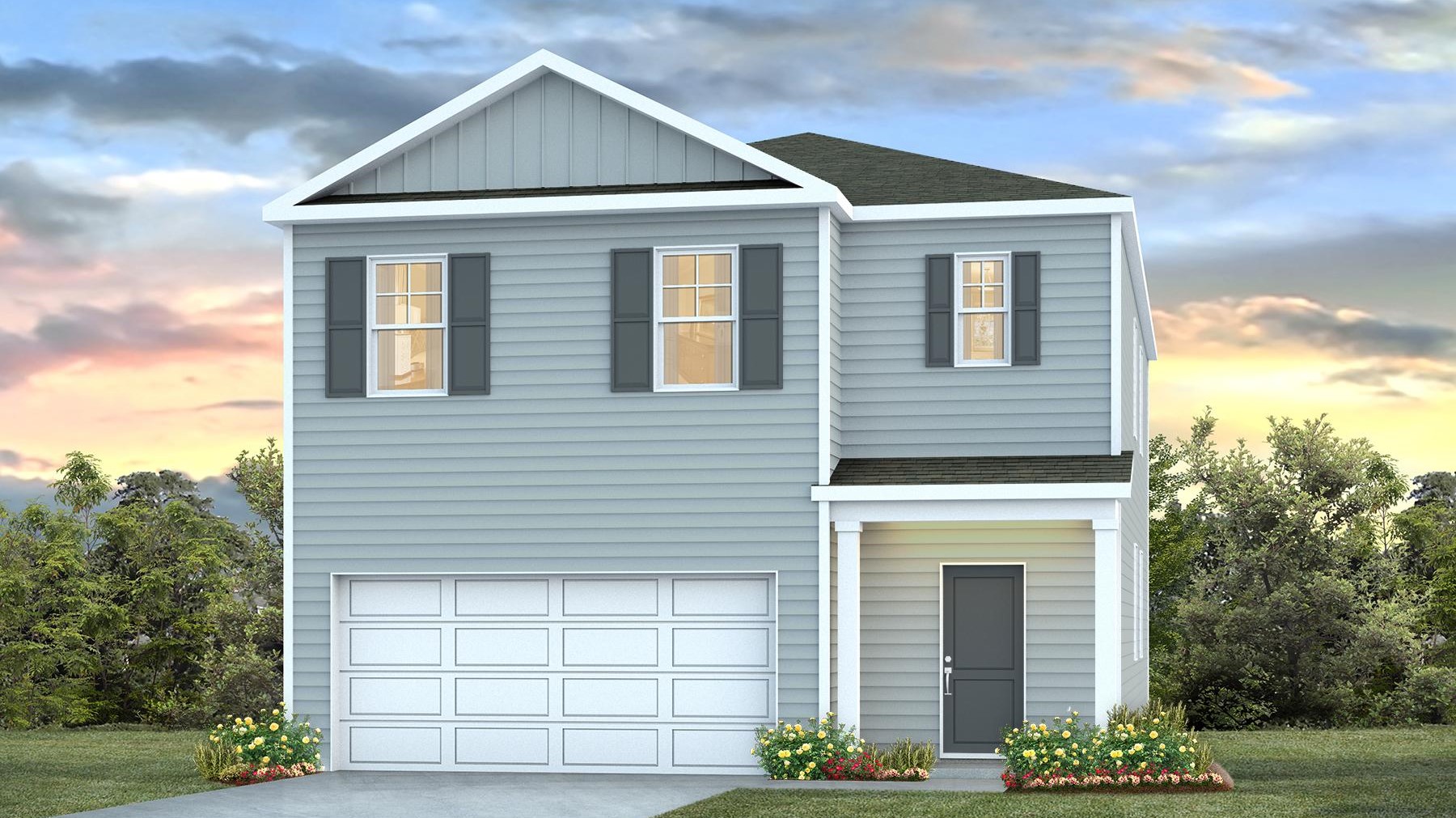 Two-story home with a 2-car garage.