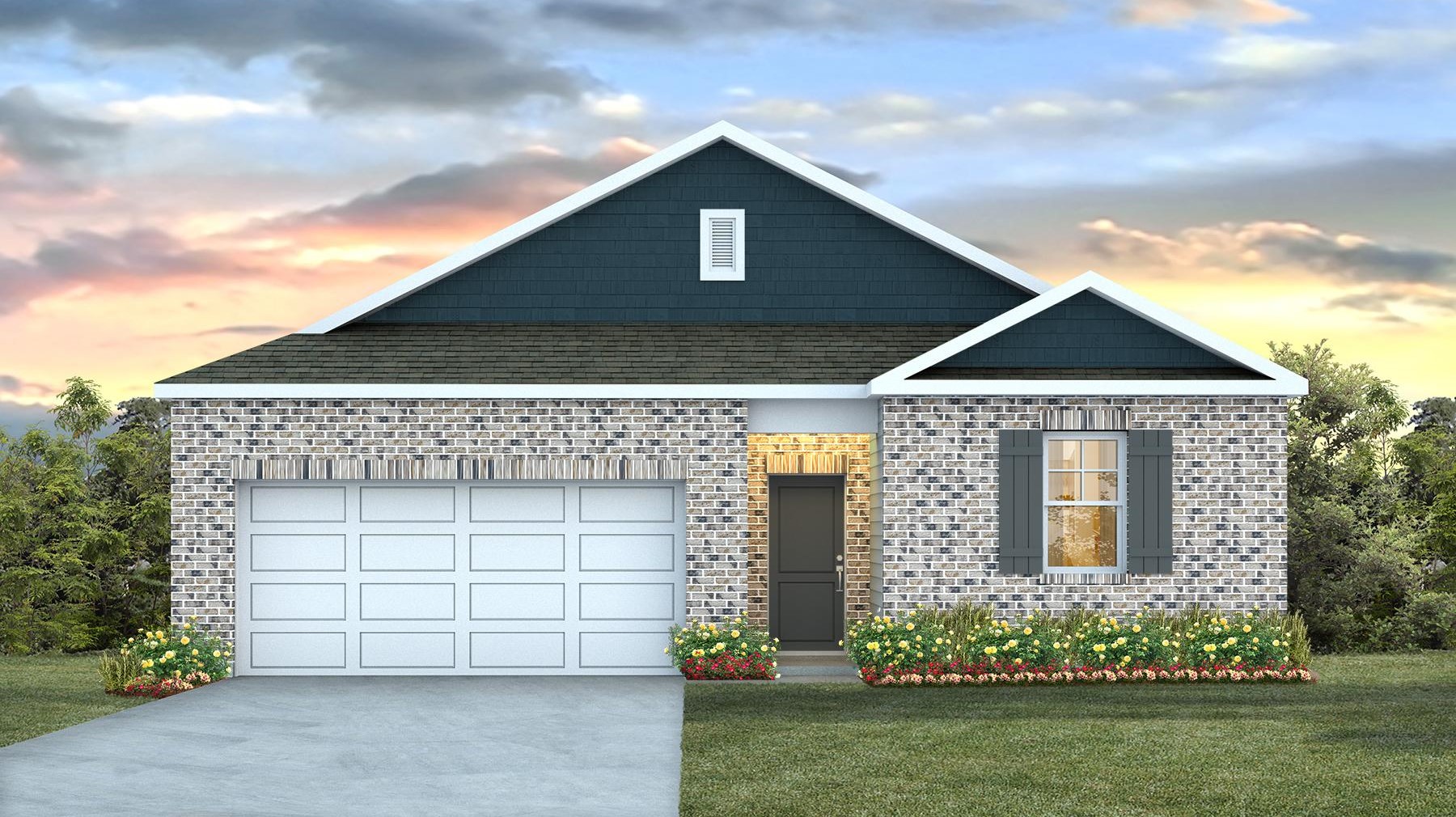 Ranch-style Kerry floorplan with a brick front and 2-car garage