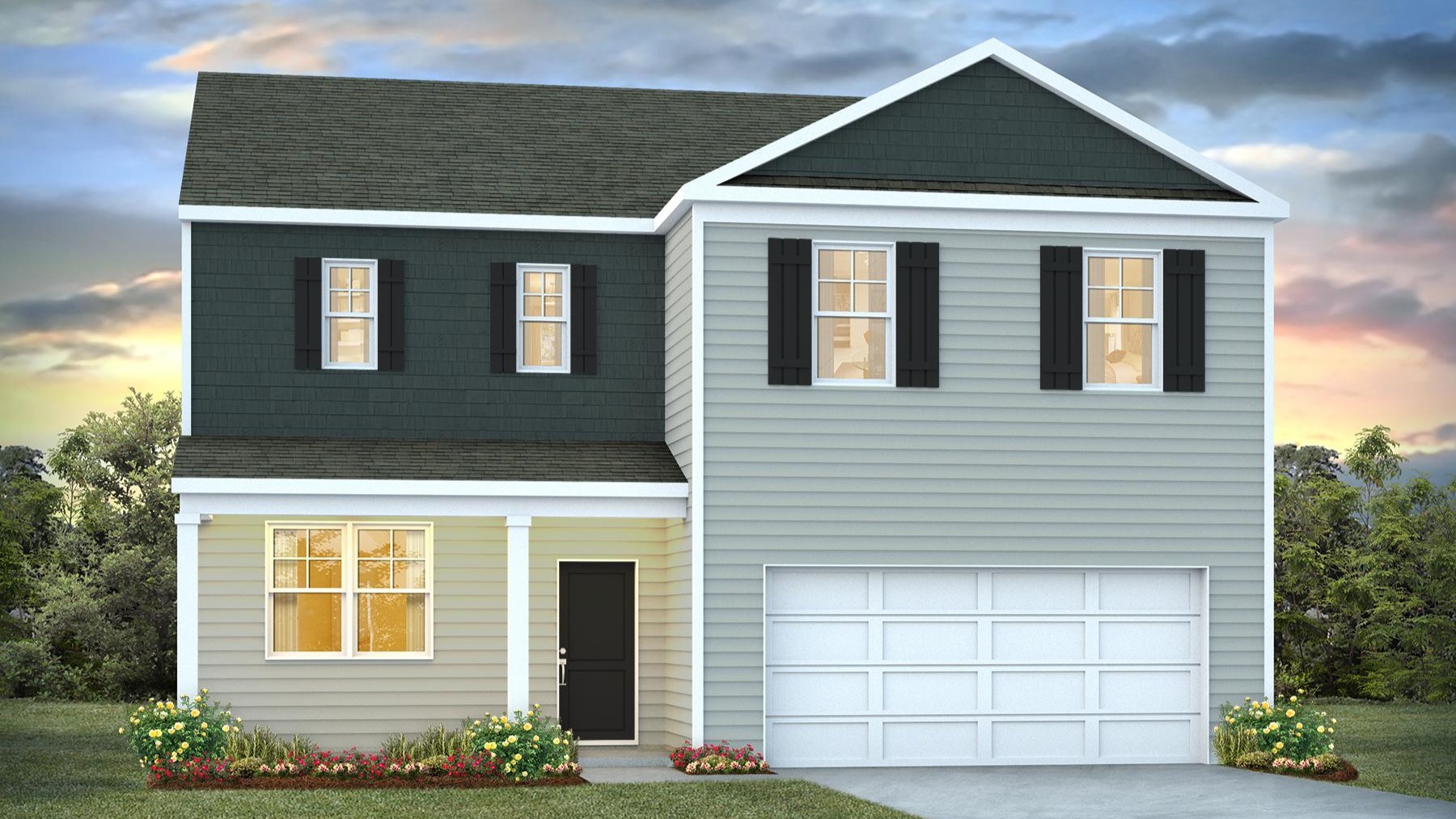 Galen B elevation with Hardie Plank siding and a 2-car garage