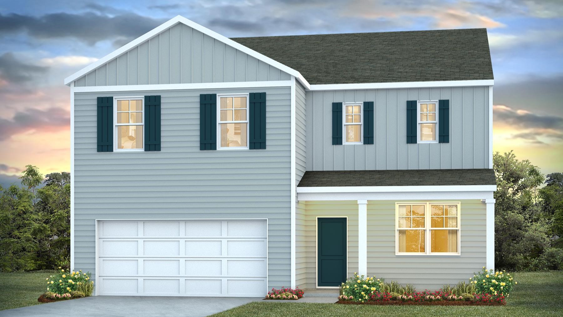 Galen C elevation with a 2-car garage and covered front porch