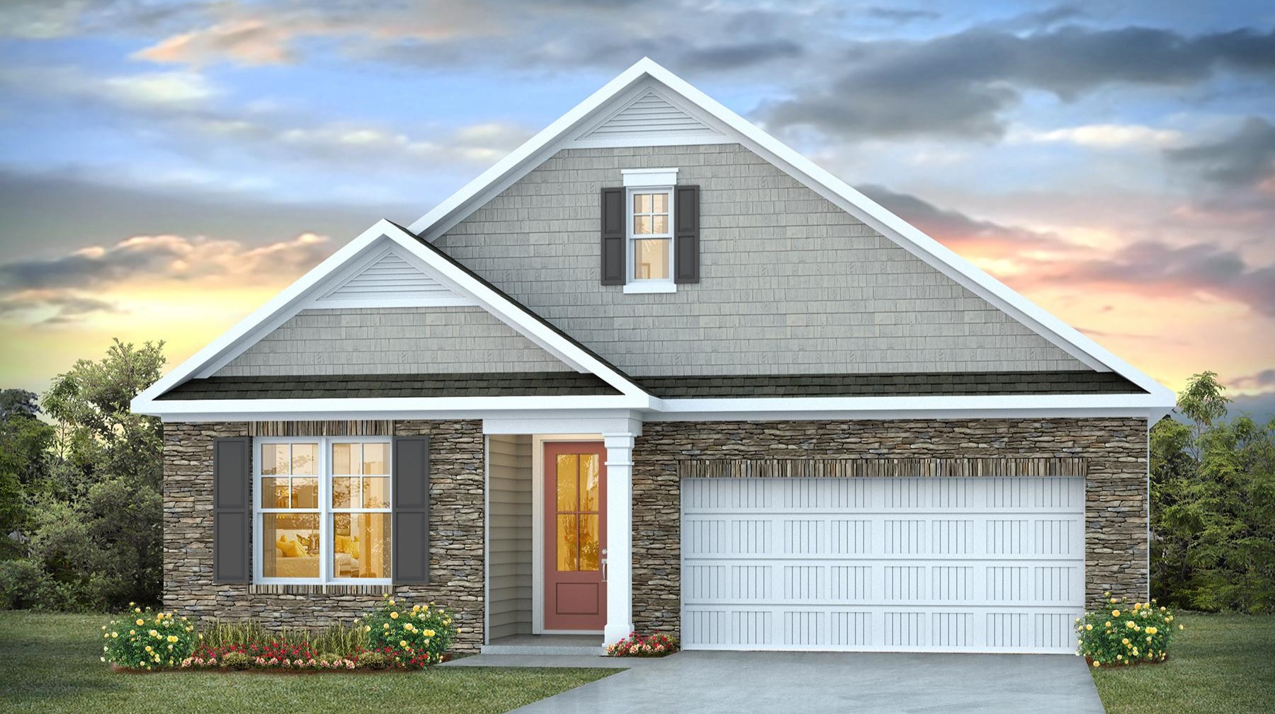 Home for sale in Livingston Woods with stone and Hardie Plank exterior and a 2-car garage