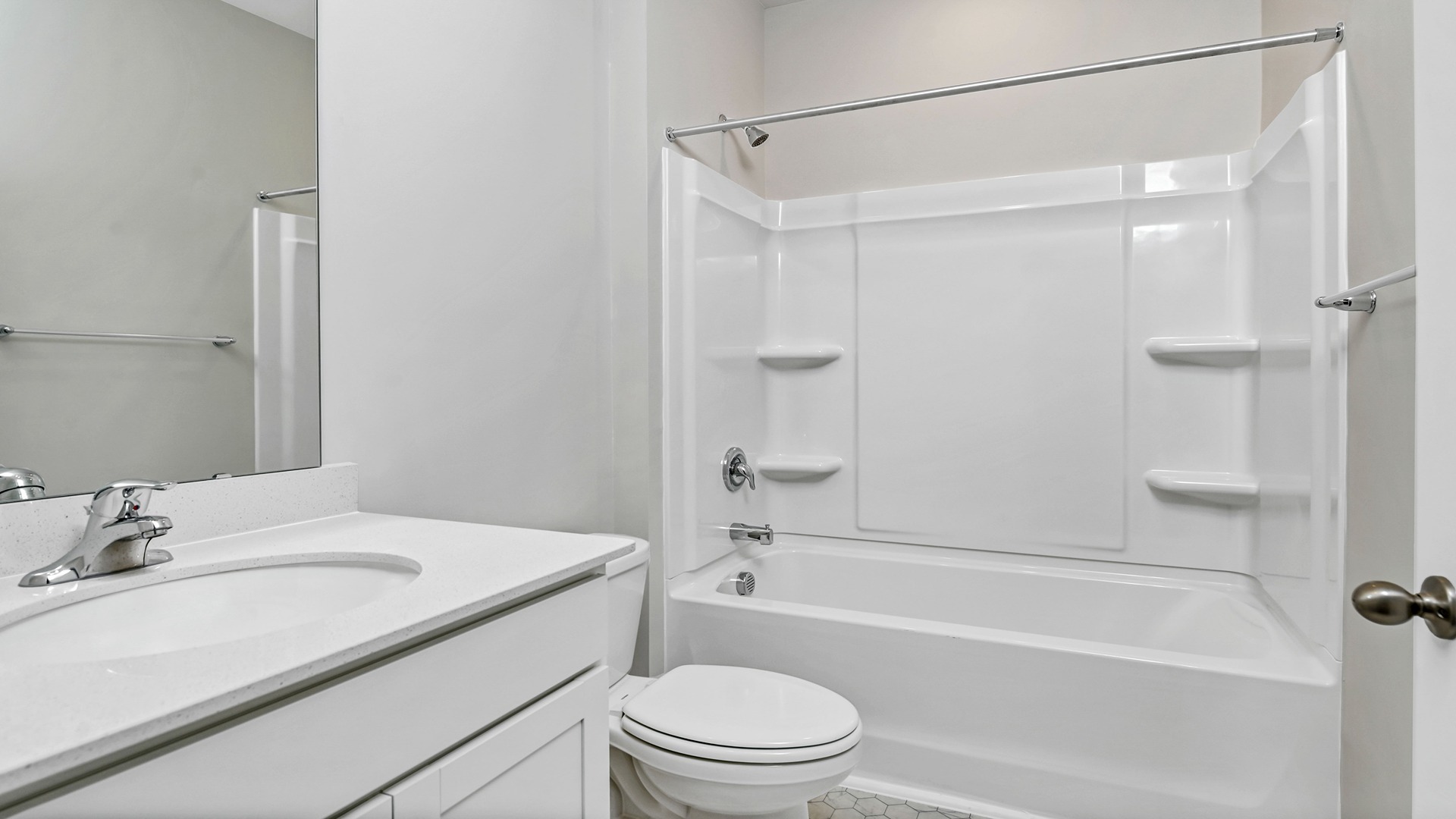 Bathroom 2 with shower tub combo and white quartz countertops