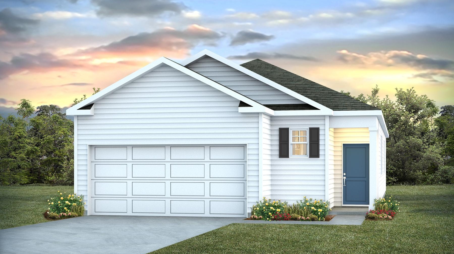 Ranch-style home with a 2-car garage, white vinyl siding, and a blue door