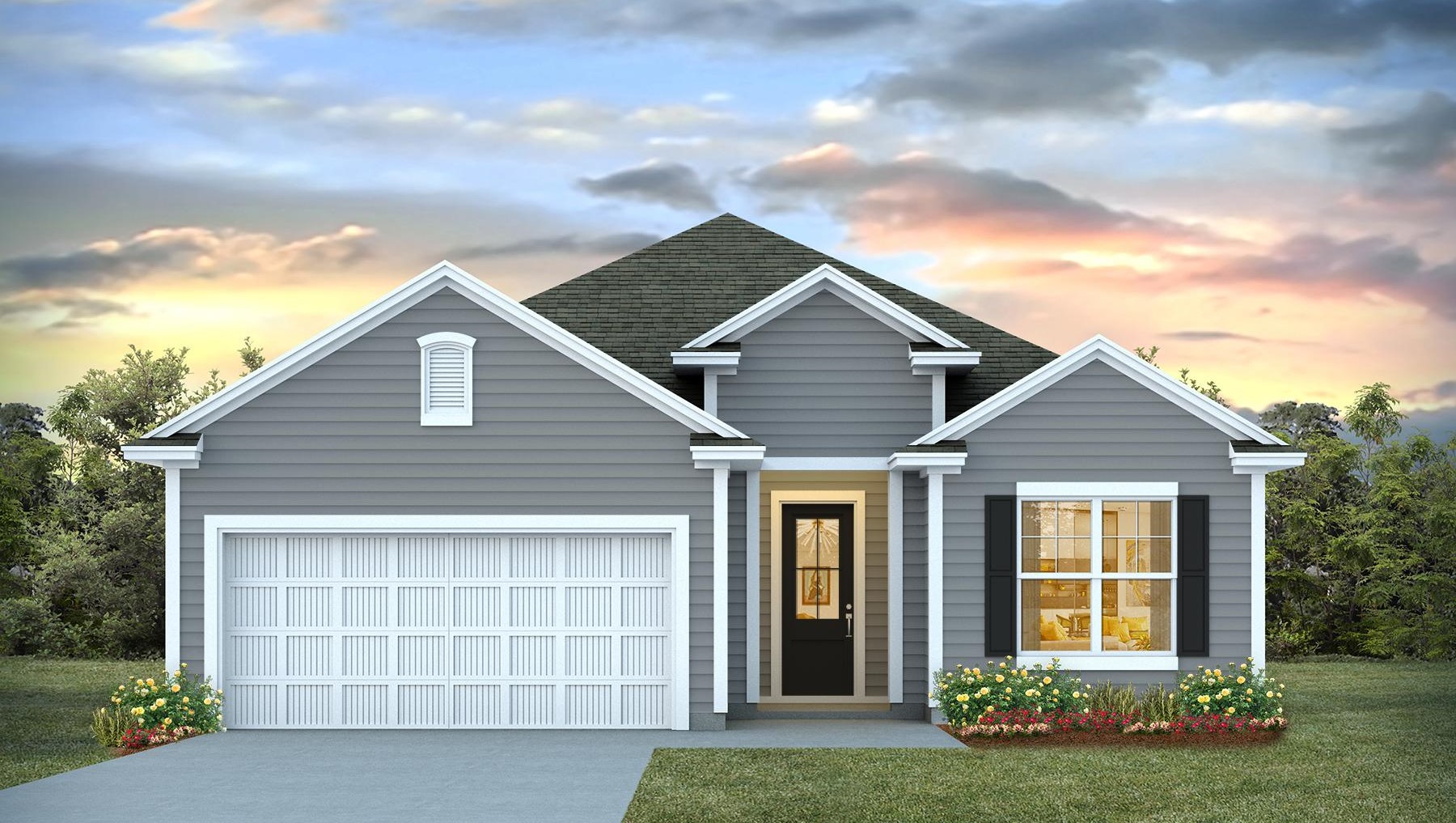 Single-story Eaton floorplan with 3 bedrooms and 2 bathrooms