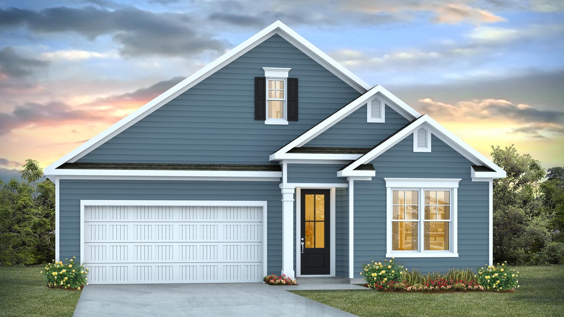 Darby A elevation with Hardie Plank siding and a 2-car garage