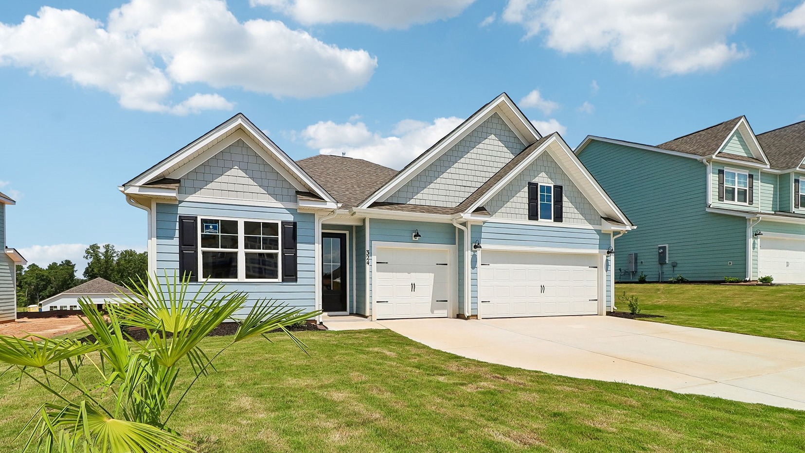Palm tree in spacious front yard and long driveway leading to home for sale