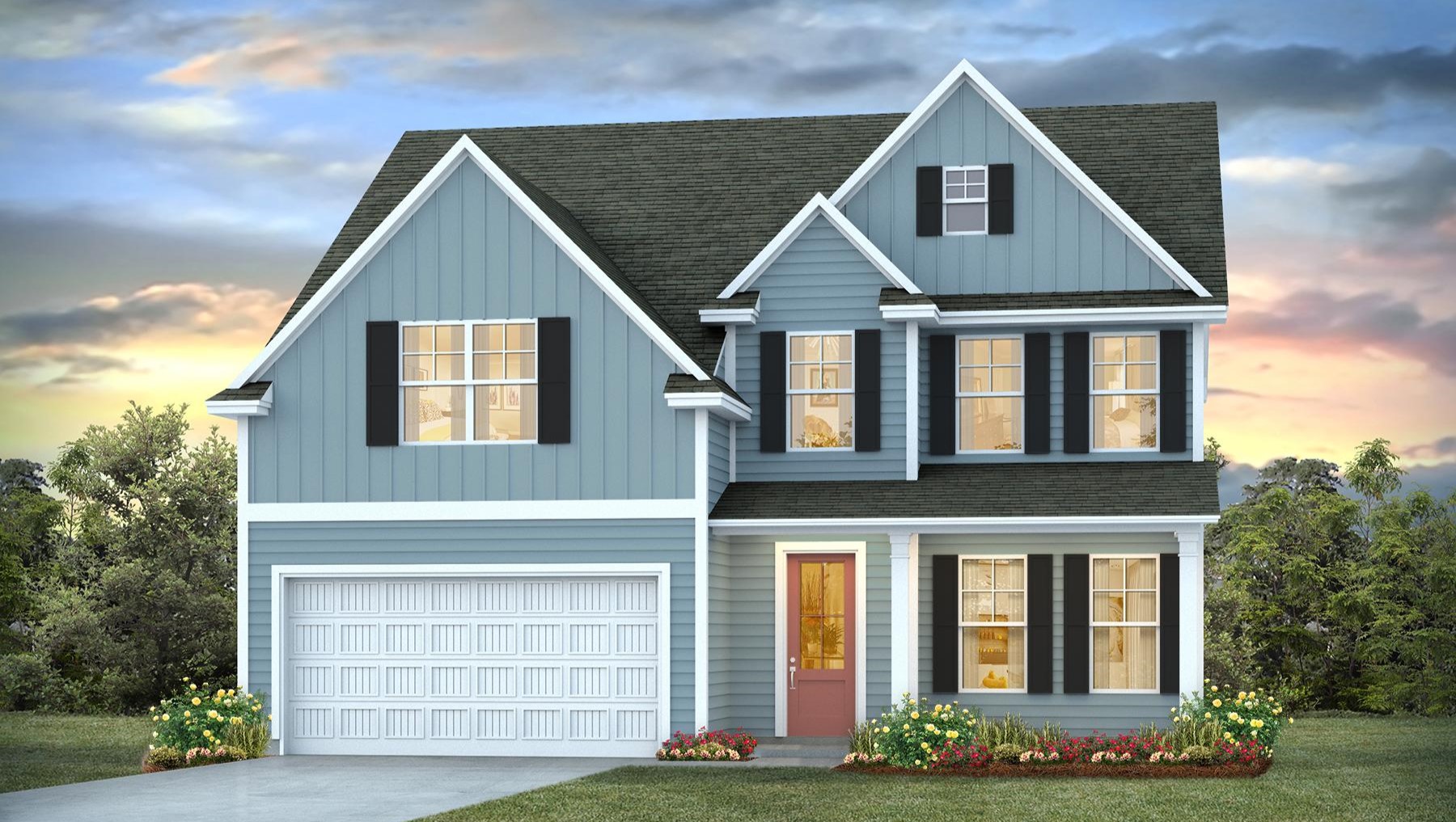 Two-story new home for sale with blue Hardie Plank siding, a covered front porch, and a screened-in back porch