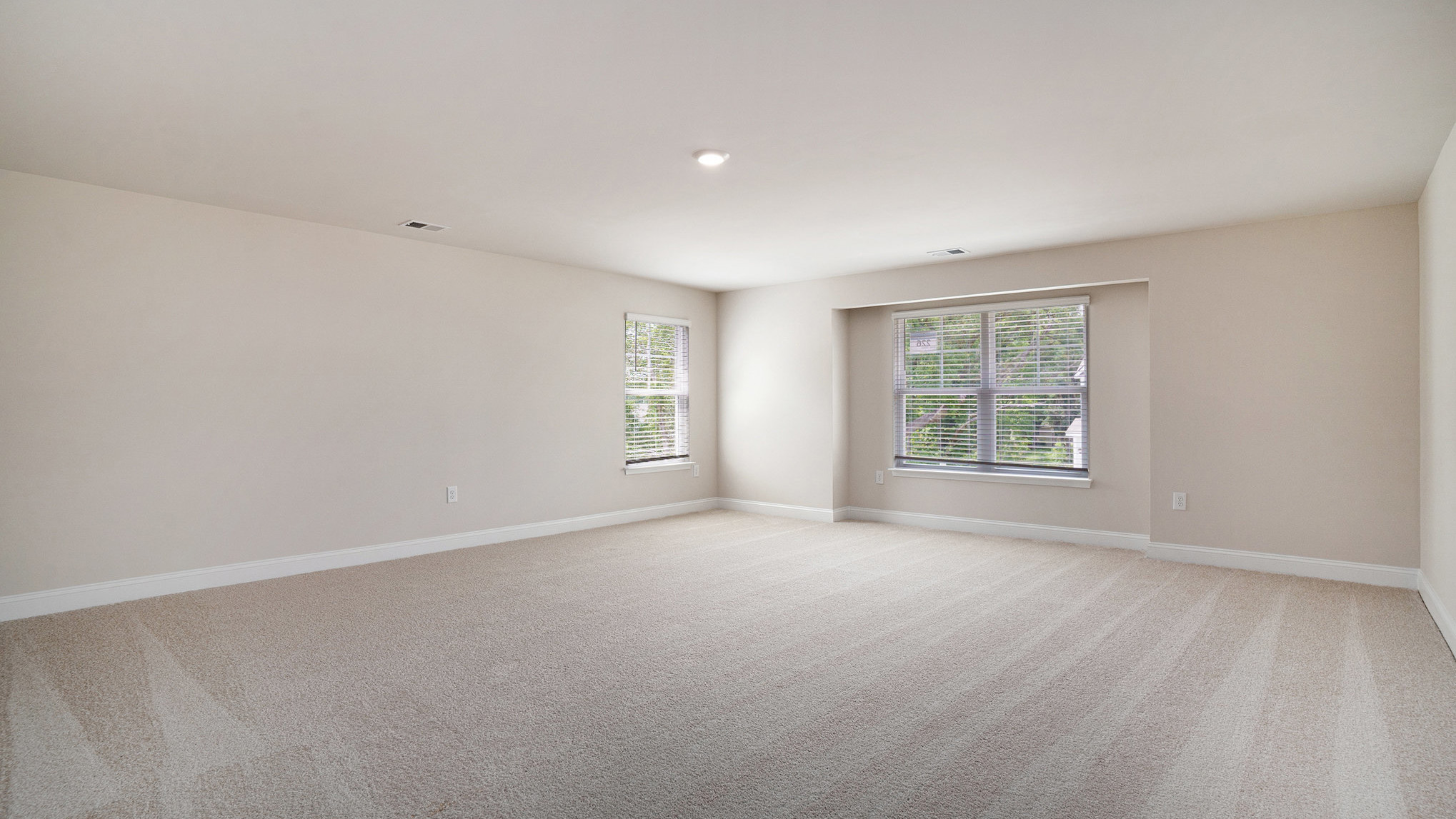 Upstairs loft with carpet flooring and several windows