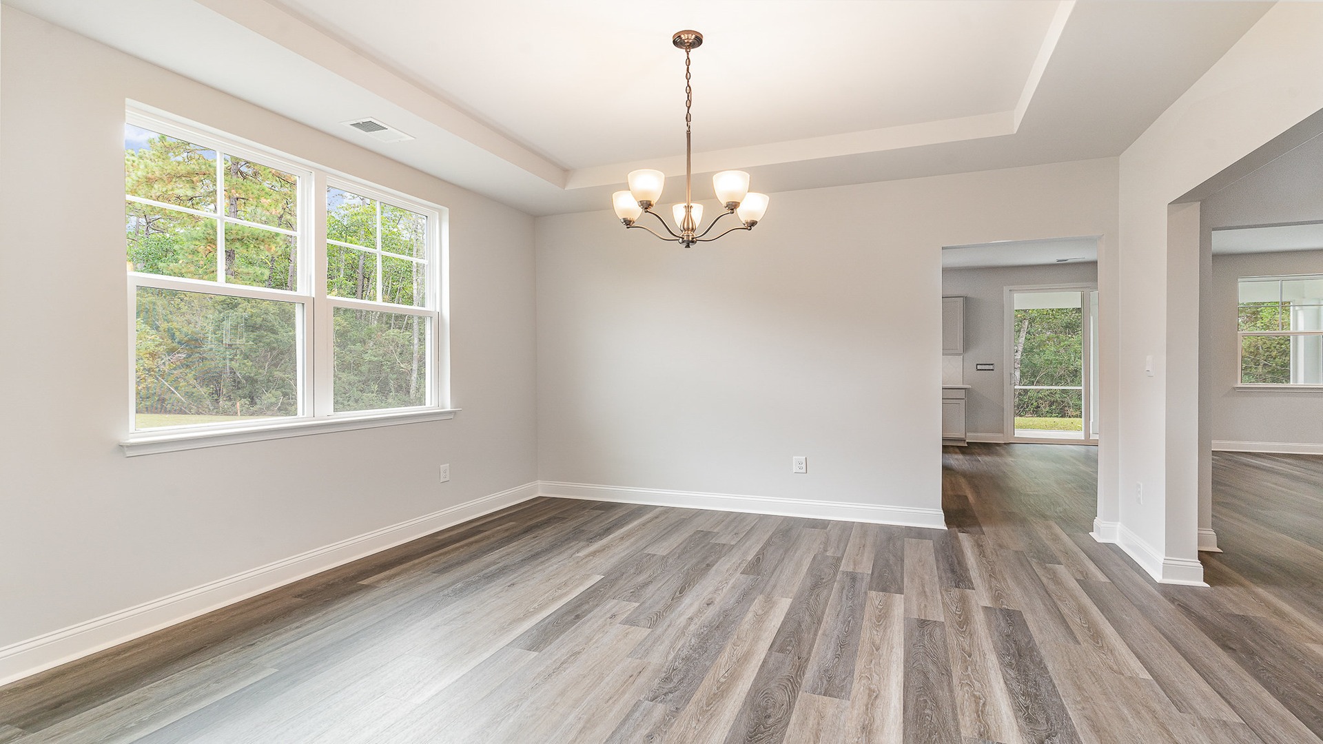 Formal dining area in new construction home with a window for light and tray ceilings