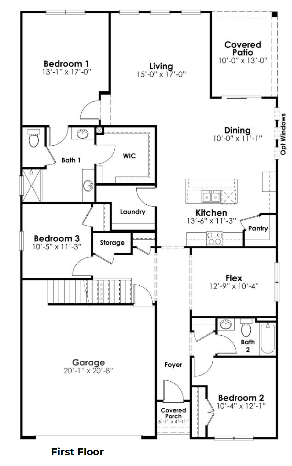 Darby Floorplan level 1 with 3 bedrooms, a flex space, and 2 bathrooms