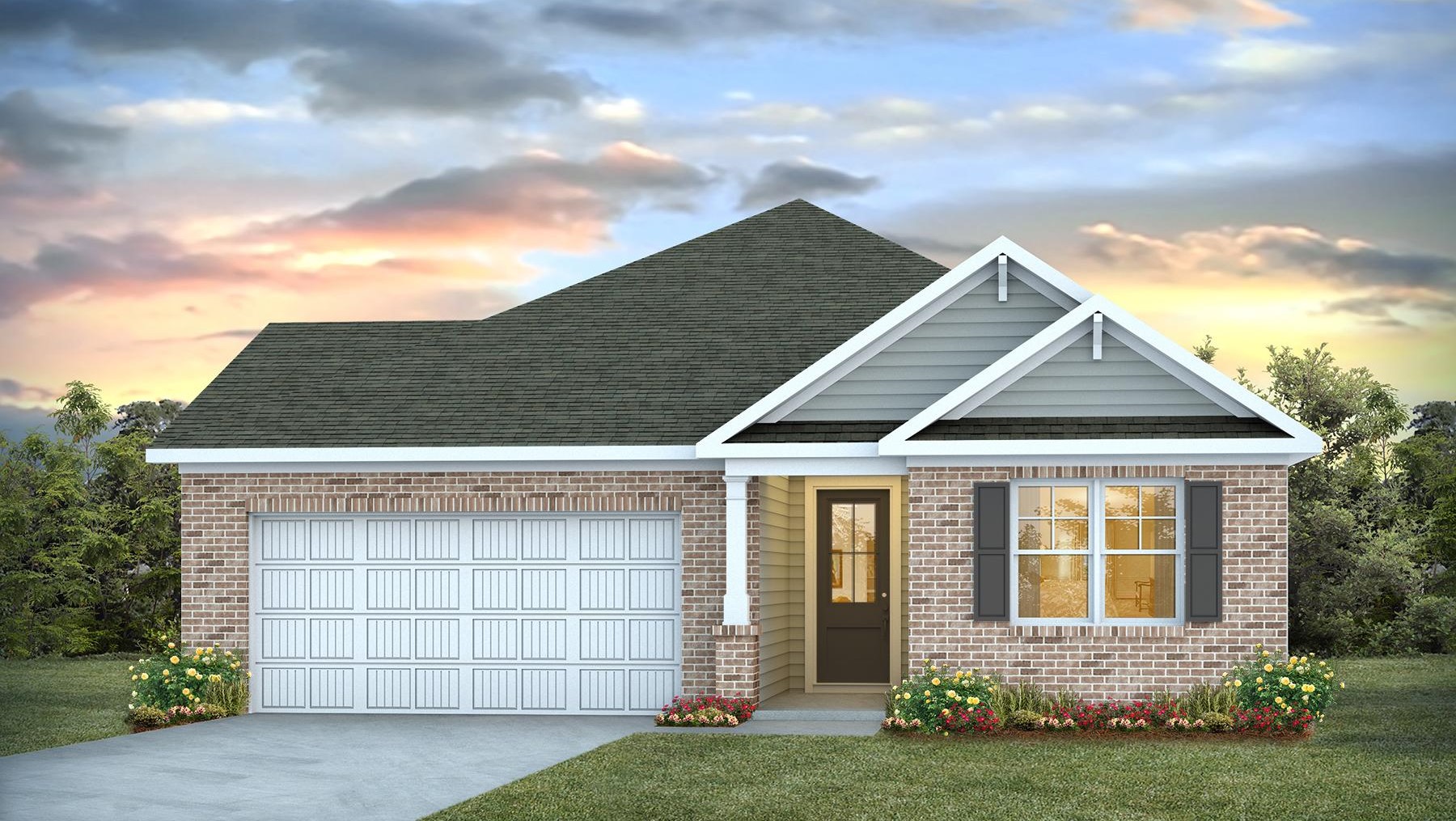 Litchfield D elevation in Old Chapin Reserve with partial brick siding and a 2-car garage