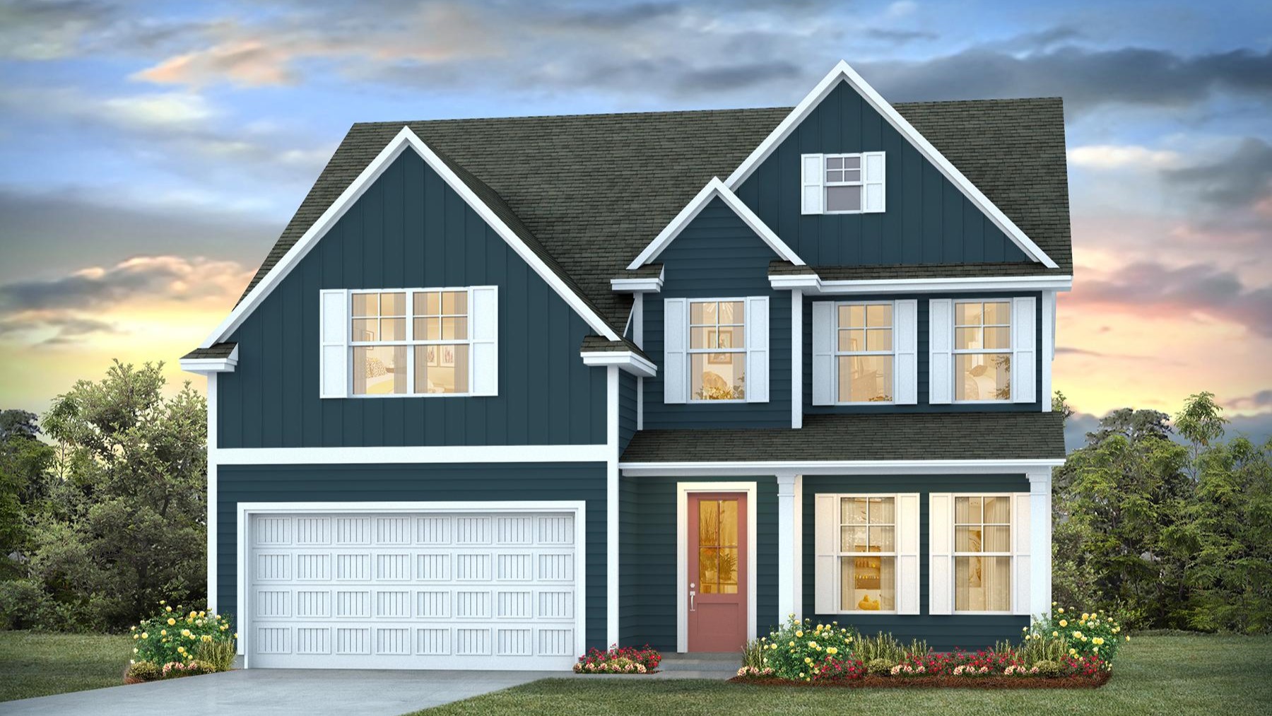 Forrester C elevation with Hardie Plank siding and a 2-car garage