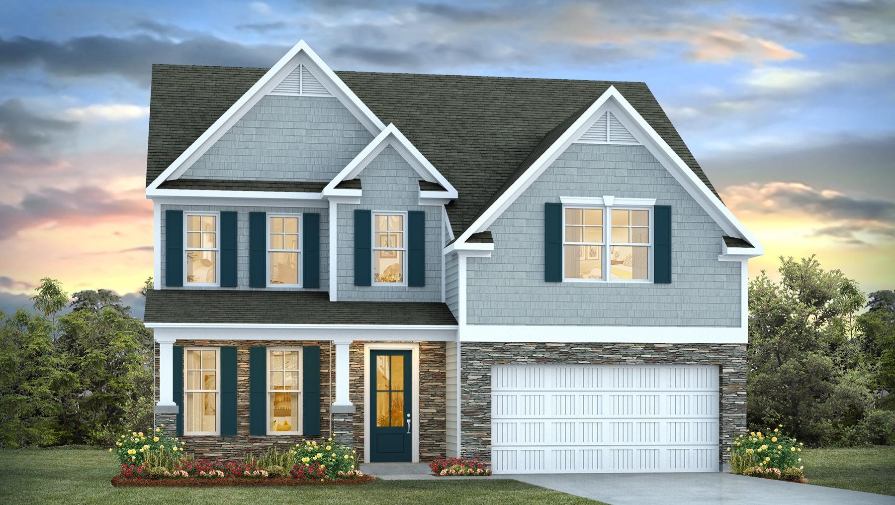 Stone and Hardie Plank exterior on Forrester home for sale in Lexington, SC