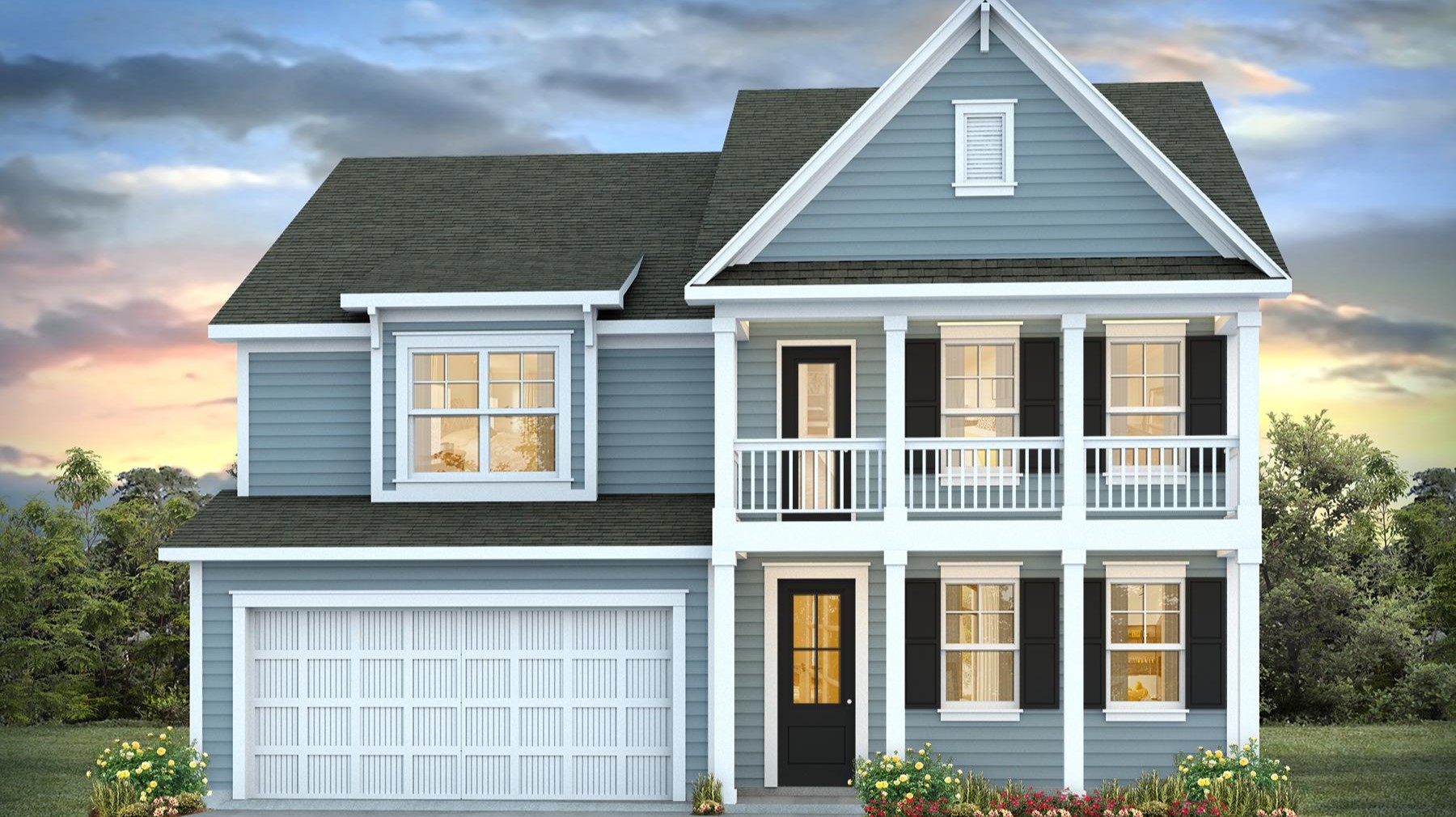 Harbor Oak C elevation in Old Chapin Reserve with double stacked front porches
