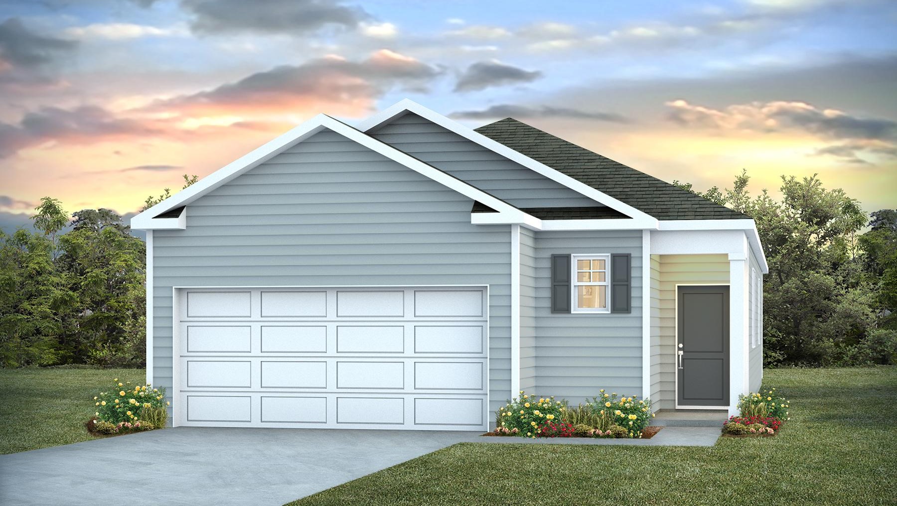 Allex A elevation features a covered front entryway and Hardie Plank Siding