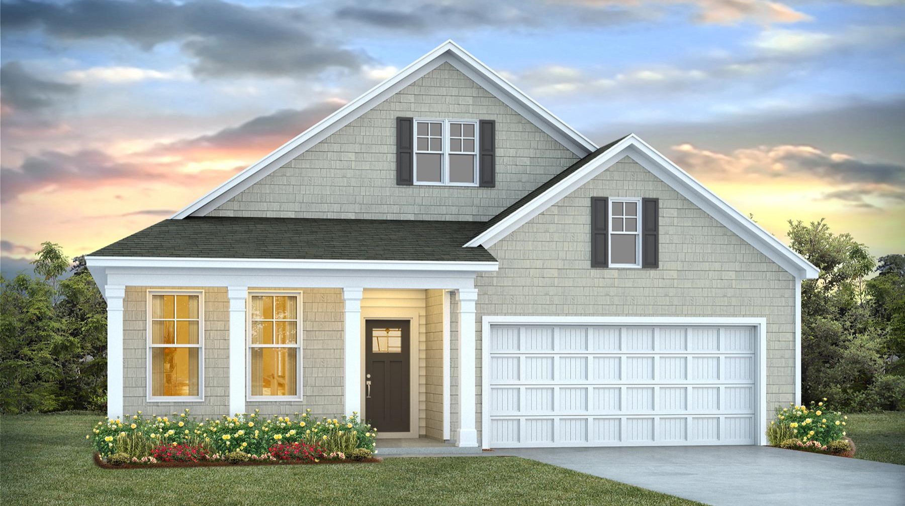 The Dover C elevation features a covered front porch and a 2-car garage.