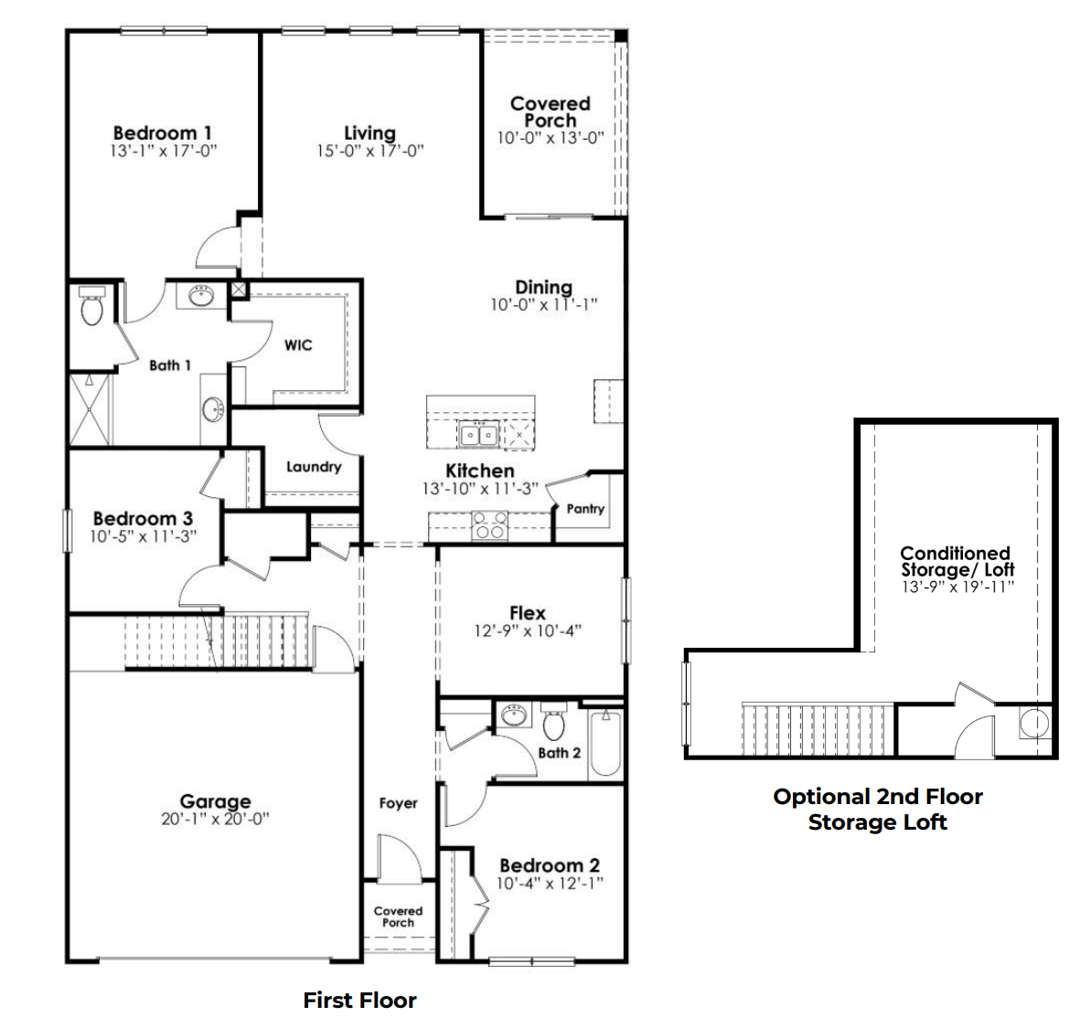 The Dover features 3 bedrooms, 2 bathrooms, and an optional second floor.