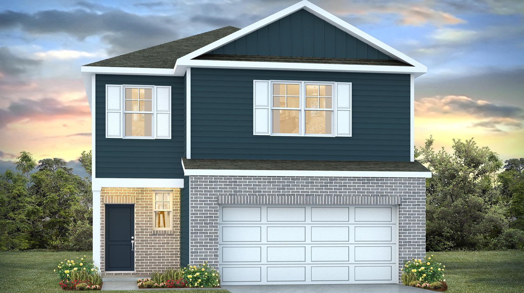 Two-story home for sale with navy blue Hardie Plank siding and brick siding.