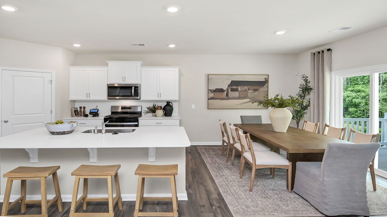 Open concept kitchen and dining areas of the Hayden floorplan