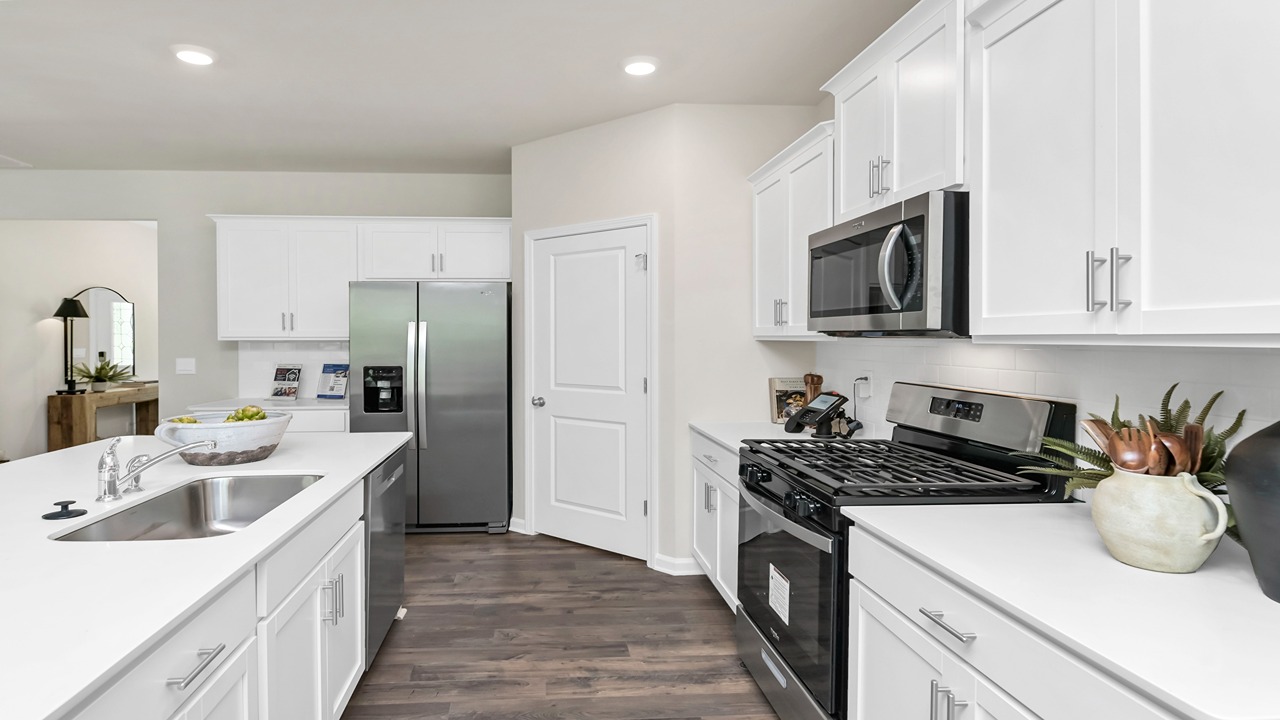 Spacious corner pantry in kitchen and stainless-steel kitchen appliances