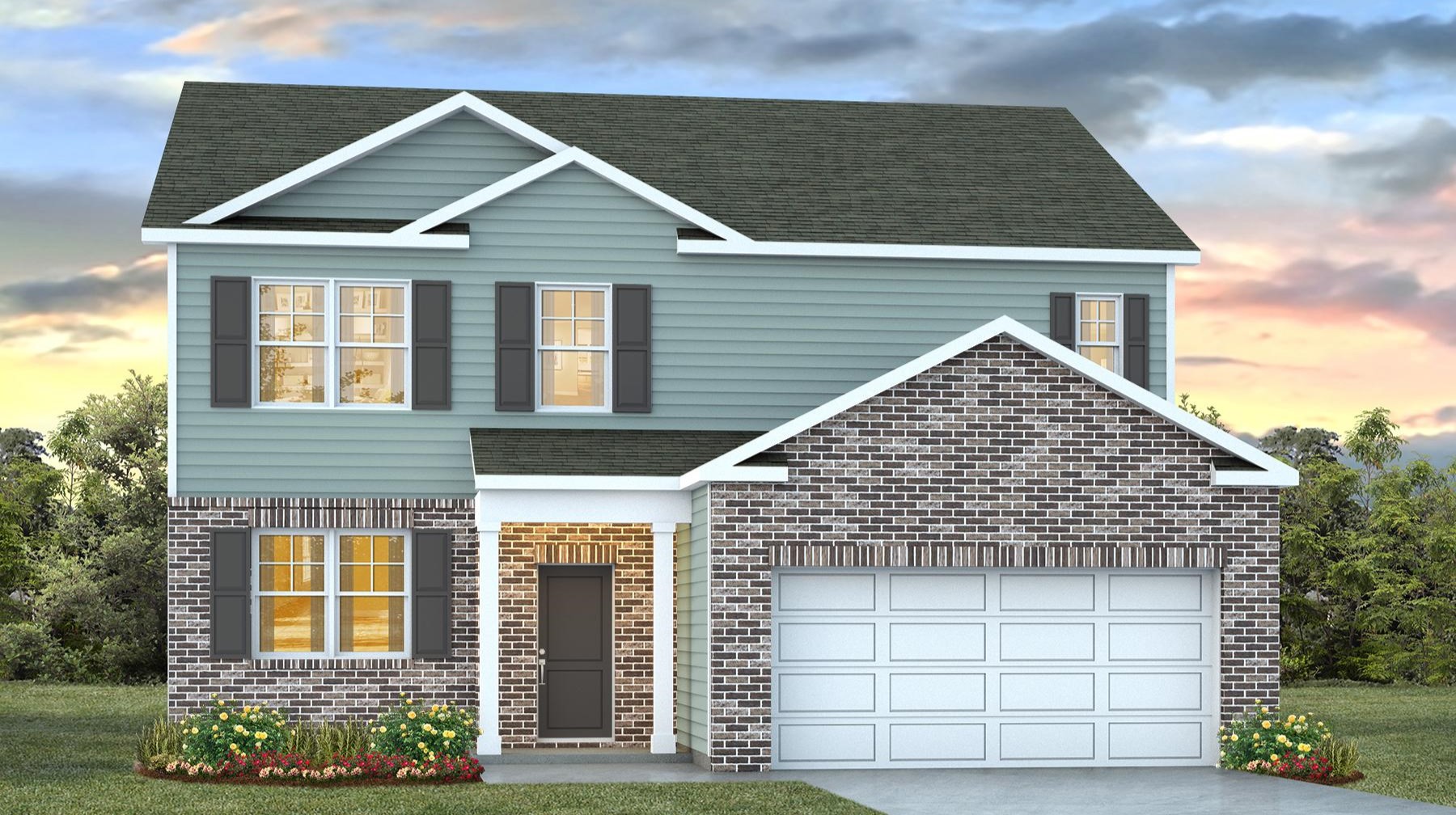 The Elle E elevation features Hardie Plank and brick exterior.