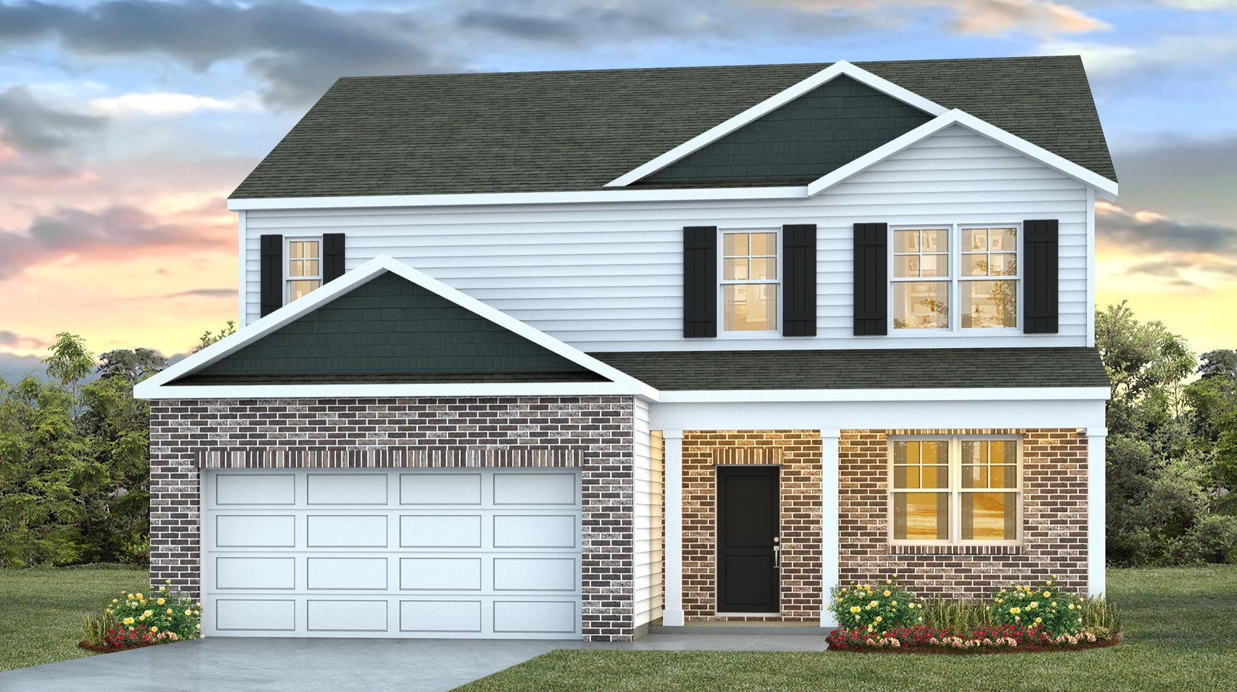The Elle F features Hardie Plank and brick exterior.