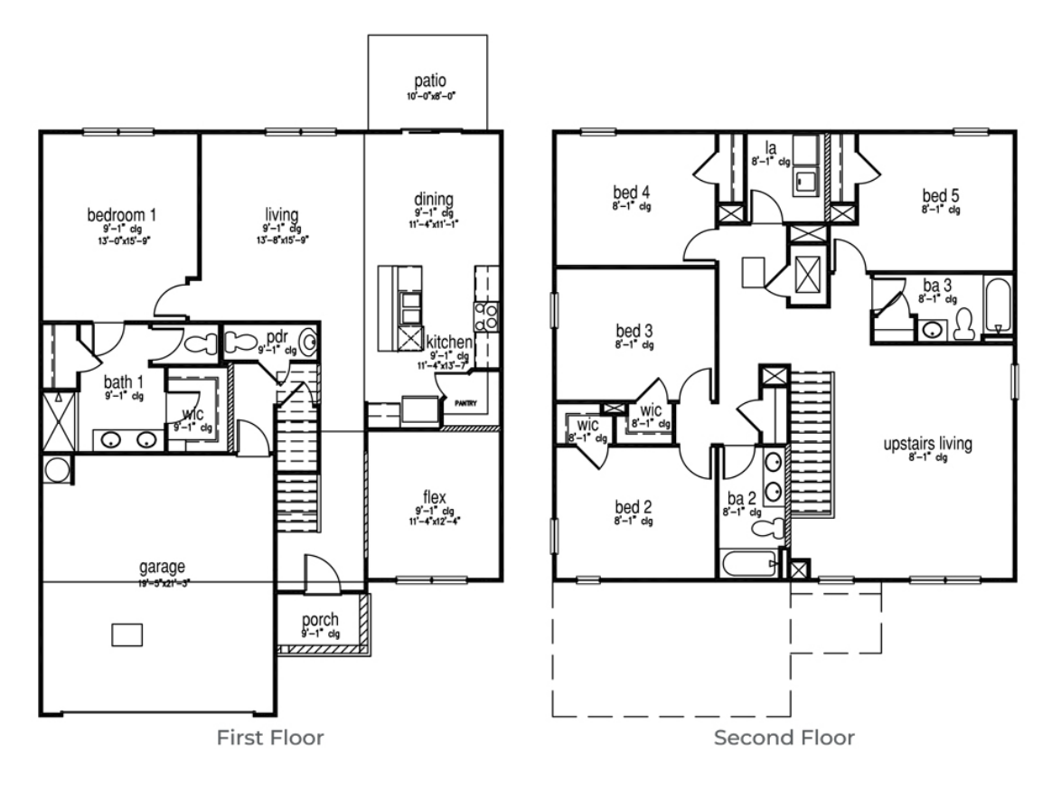The Elle is a 2-story floorplan with 5 bedrooms, 2.5 bathrooms, and a 2-car garage.