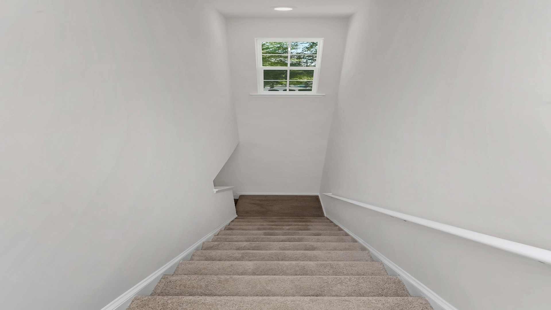 Carpeted stairway to upstairs with a window for light