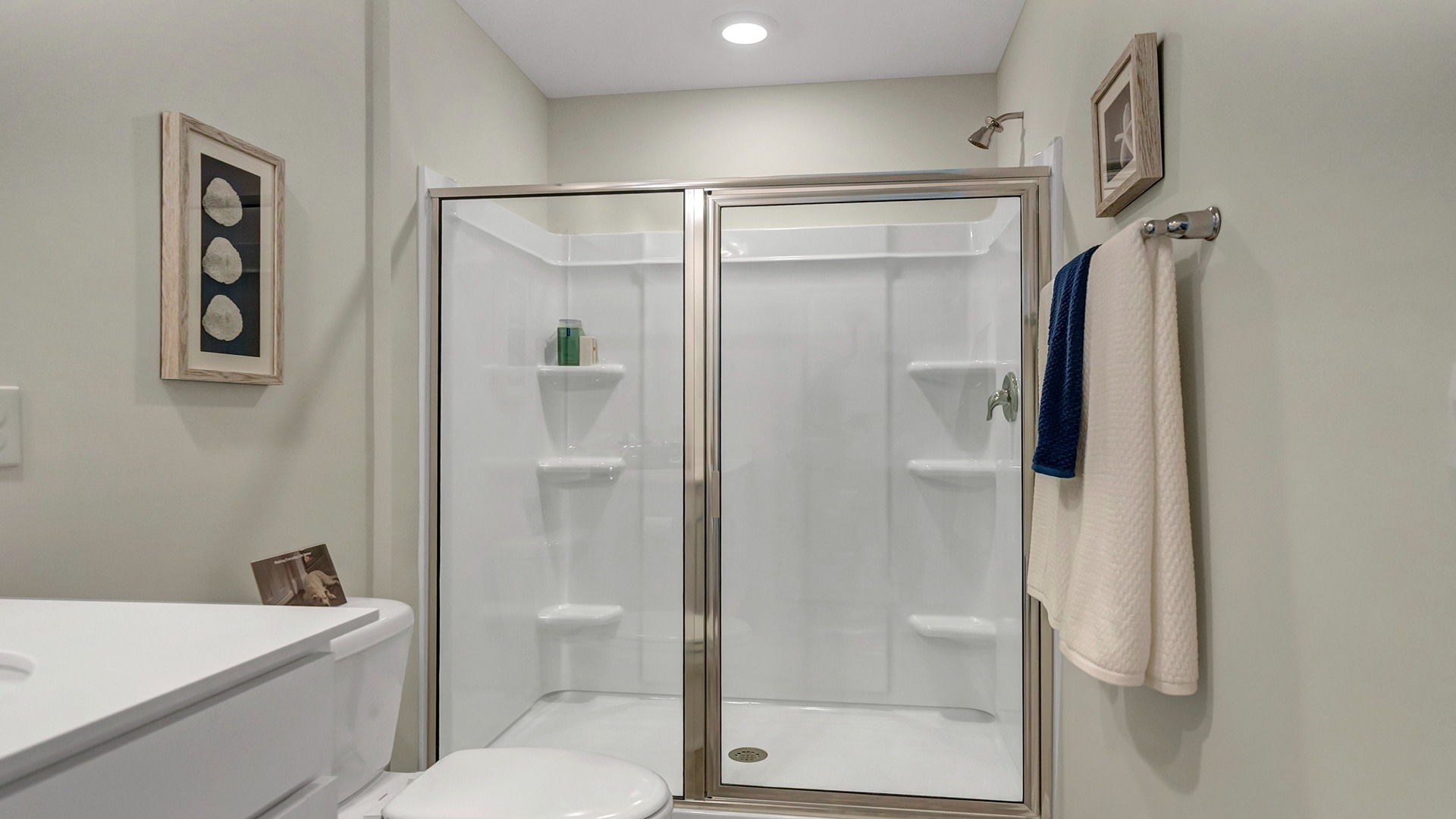 Walk-in primary shower with glass front