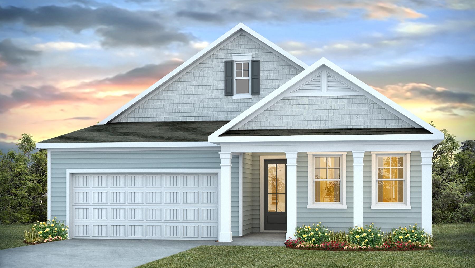 Covered front porch on the Bradford elevation C, plus a 2-car garage and Hardie Plank siding