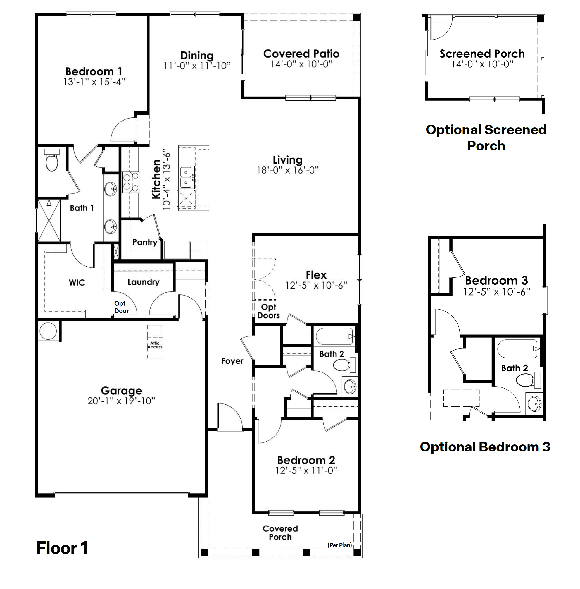 Bradford floor plan showing 2-3 bedrooms, 2 bathrooms, and a covered back patio