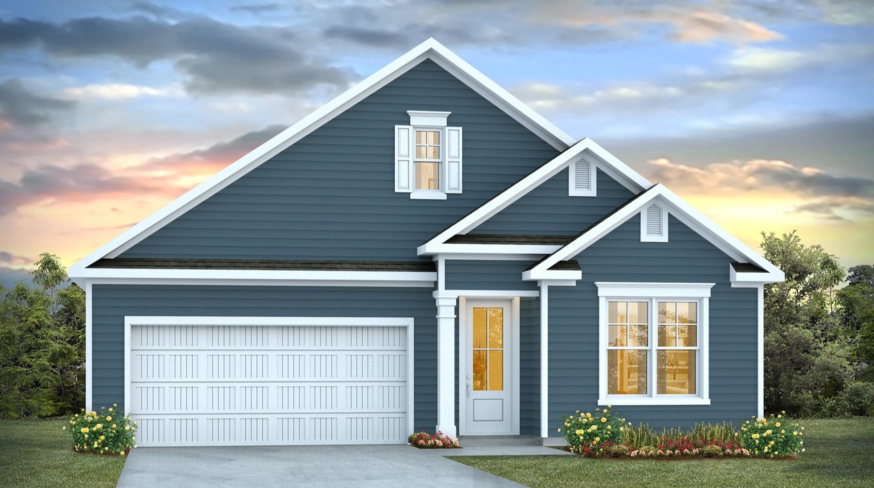 Darby floor plan for sale with 2-car garage and Hardie Plank siding in Dorset Ridge 55+ active adult community