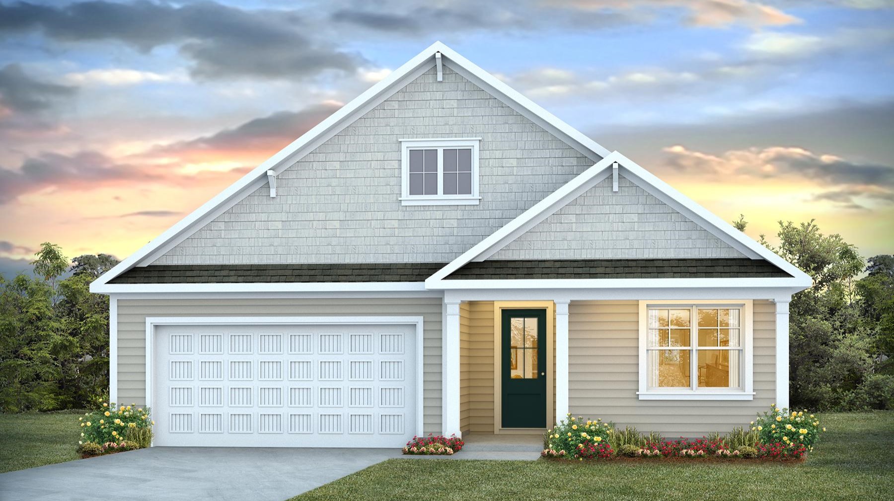 Elevation C for the Litchfield in Dorset Ridge with a 2-car garage, Hardie Plank siding, and a covered front porch