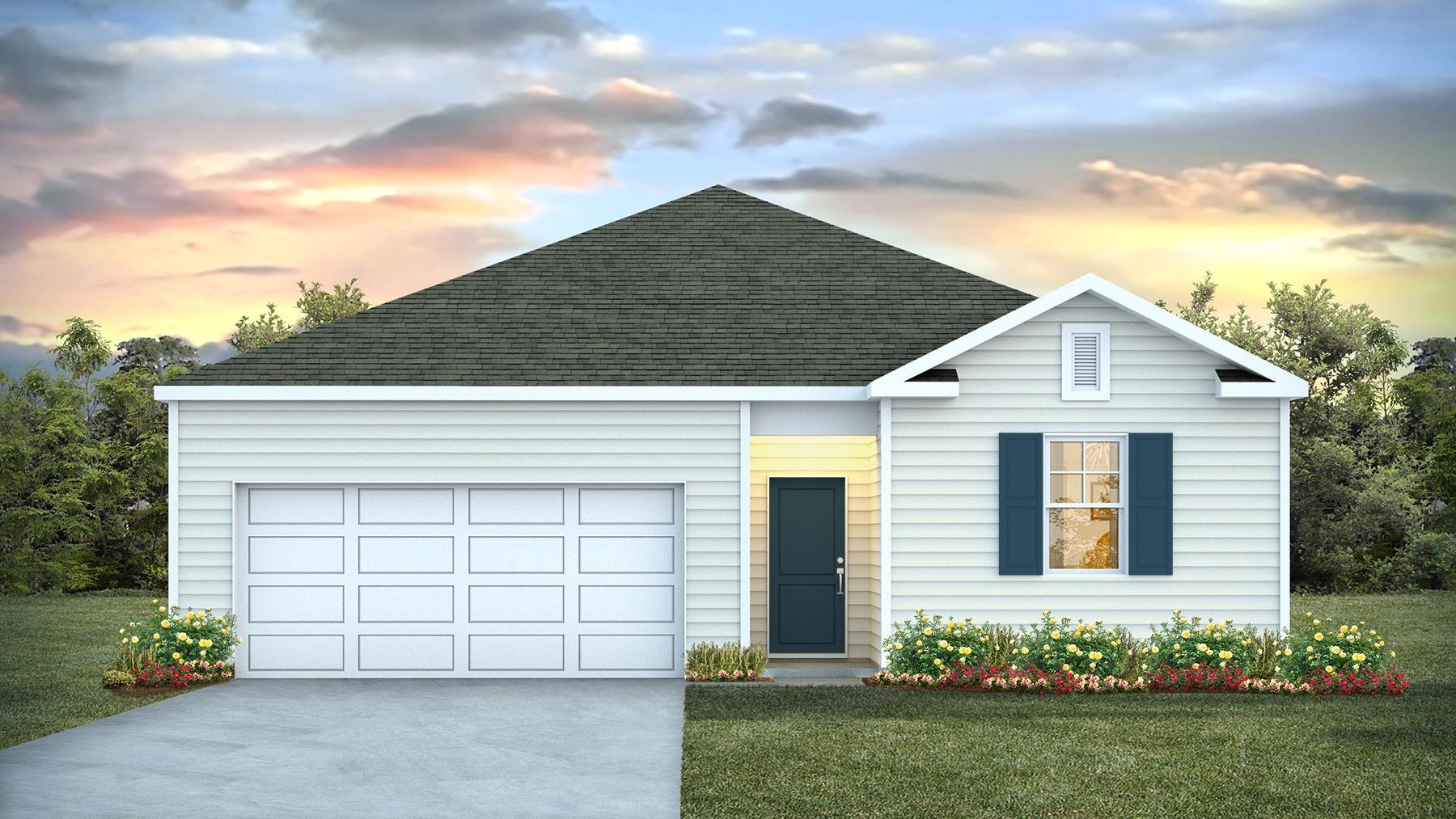Kerry A elevation with a 2-car garage and vinyl siding