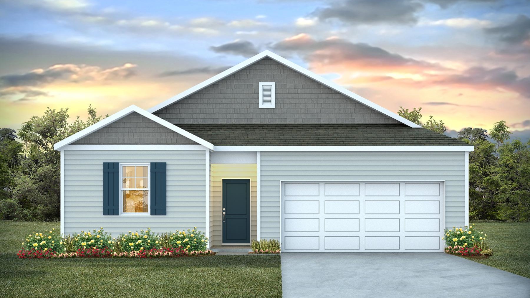 One-story Kerry B elevation with shake and vinyl siding