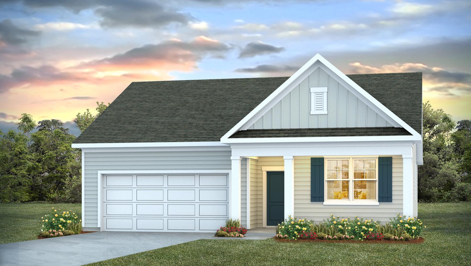 Single-story home for sale in Sumter, SC with a front porch, 2-car garage, and 4 bedrooms.
