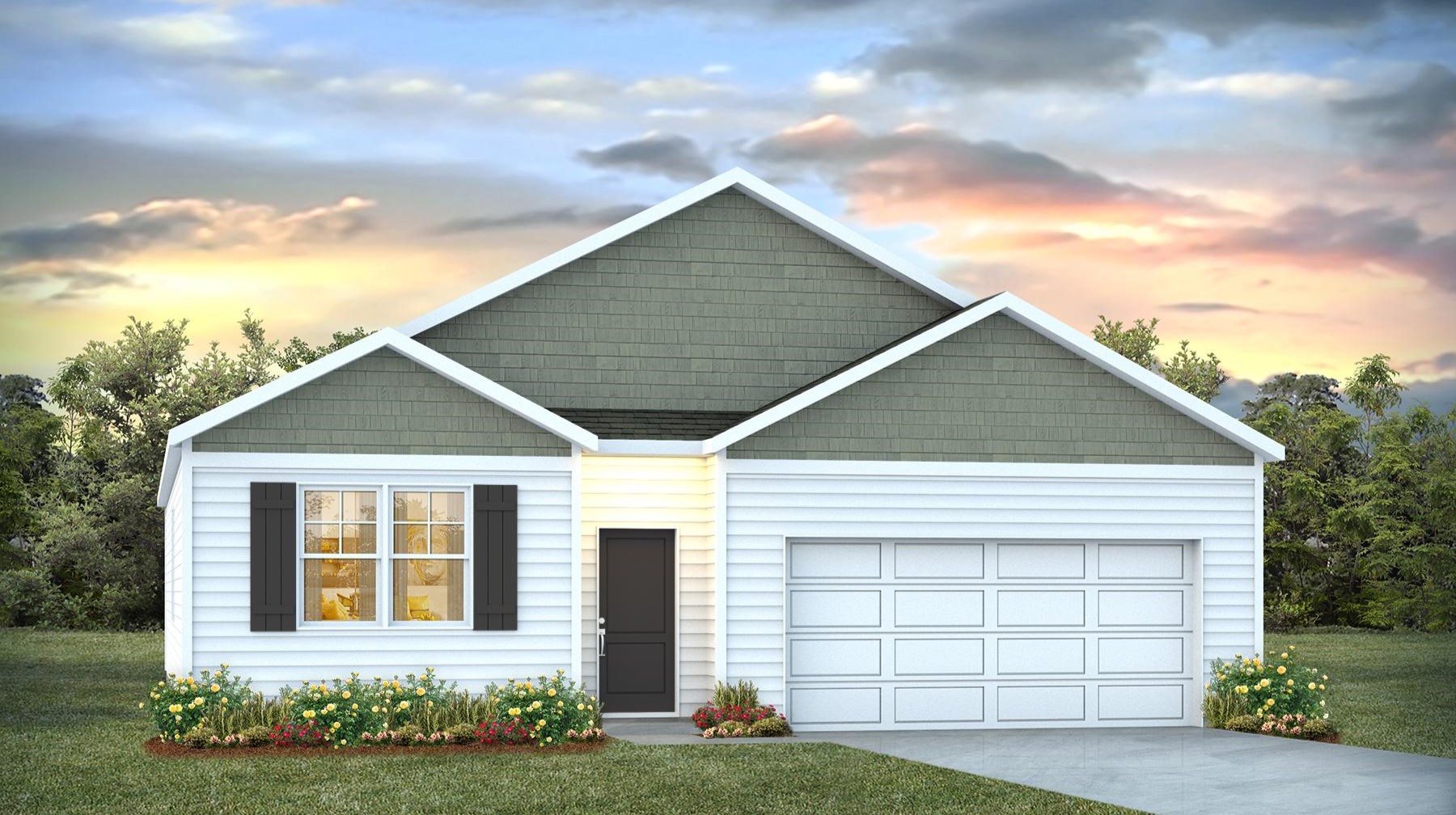 Meadowview Plantation Cali C elevation with 4 bedrooms, 2 bathrooms, and a 2-car garage