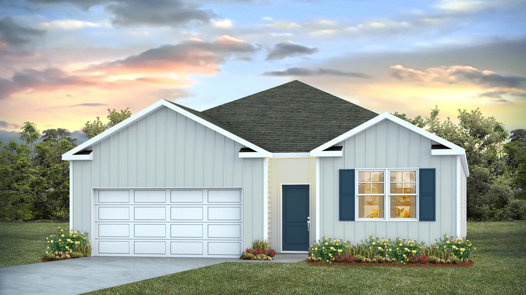 Board and batten and vinyl siding finishes the Cali C elevation