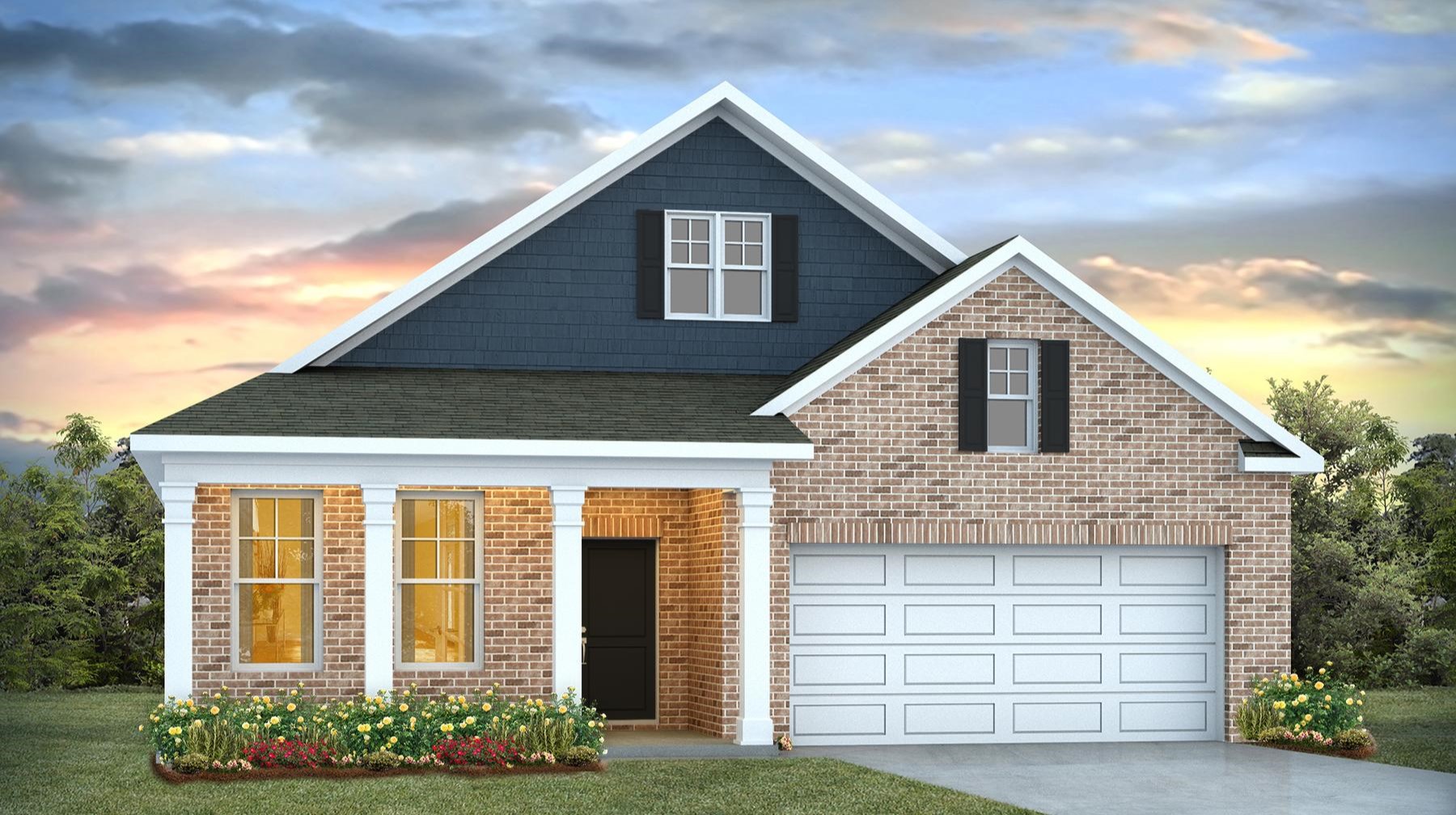 Partial brick siding on the front of the Dover B with a 2-car garage and covered front porch