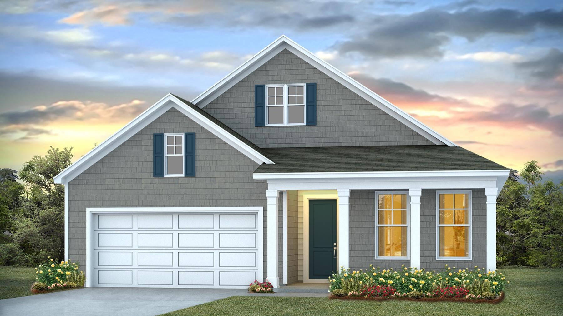 The Dover C elevation in Meadowview Plantation features a covered front porch and shake front exterior
