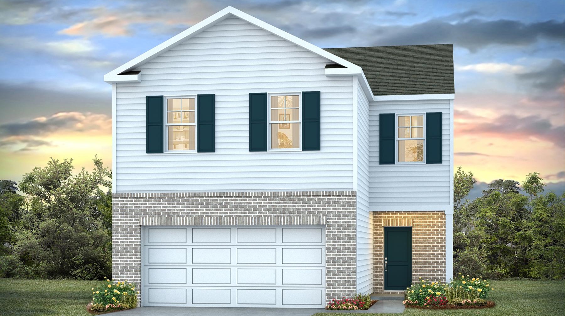 Aisle elevation E in Meadowview Plantation with partial brick siding and a 2-car garage
