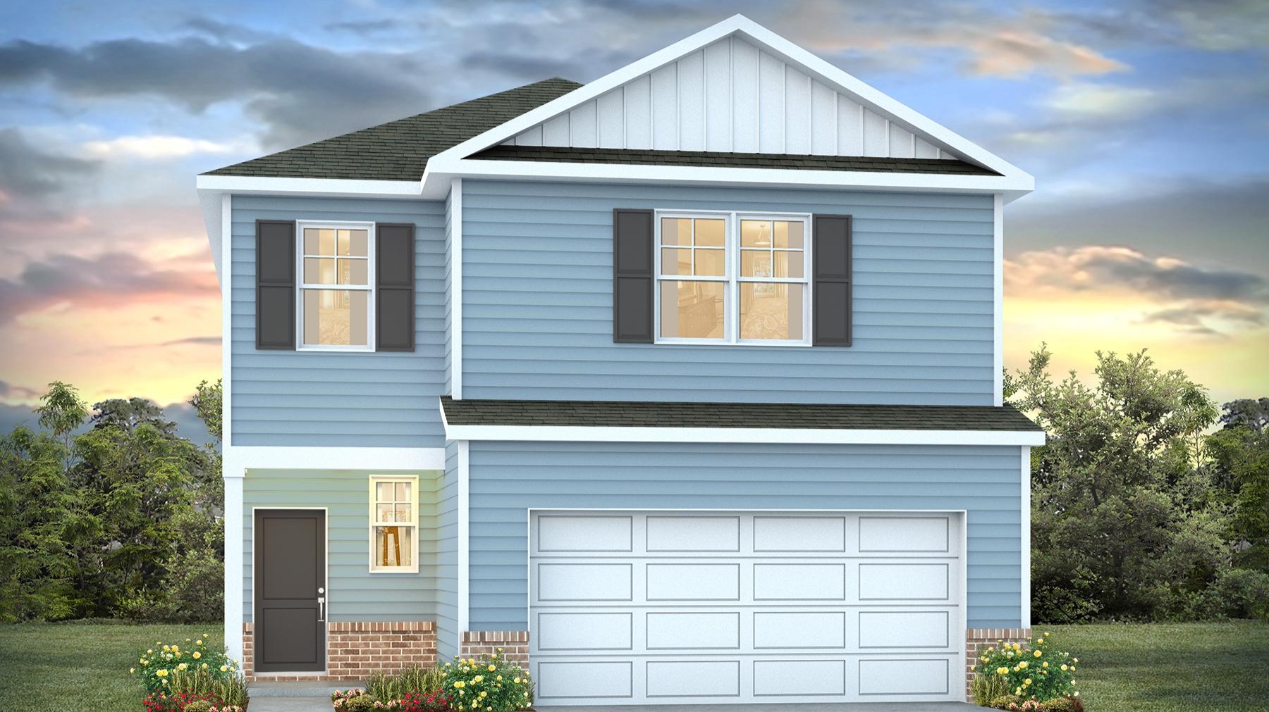 Manning B elevation with vinyl siding and a brick skirt exterior