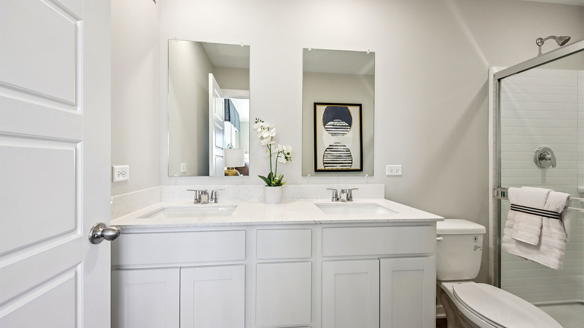 primary bathroom with dual bowl vanity