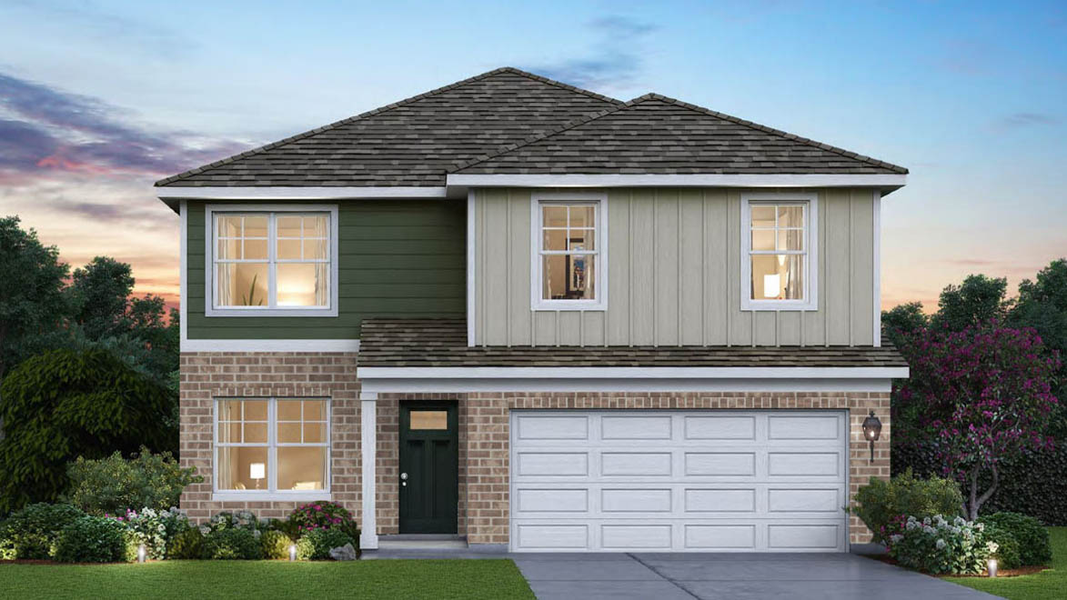 Exterior rendering of home with brick and vinyl siding