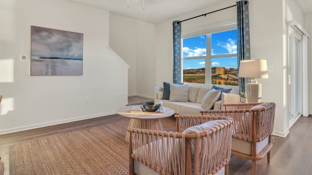 living room with access to upper level stairs